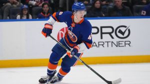 New York Islanders' Matthew Schaefer (48) during the first period of an NHL hockey game against the Philadelphia Flyers Friday, April 3, 2026, in Elmont, N.Y. (Frank Franklin II/AP)