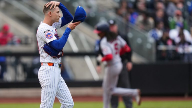 New York Mets pitcher Luke Weaver, left, reacts as Washington Nationals' CJ Abrams runs the bases after hitting a two run home run during the eighth inning of a baseball game Thursday, April 30, 2026, in New York. (Frank Franklin II/AP)