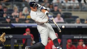 New York Yankees' Aaron Judge hits a home run during the sixth inning of a baseball game against the Los Angeles Angels, Monday, April 13, 2026, in New York. (Yuki Iwamura/AP)