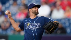 Tampa Bay Rays' Nick Martinez pitches in the first inning of a game against the Cleveland Guardians in Cleveland, Tuesday, April 28, 2026. (Sue Ogrocki/AP)