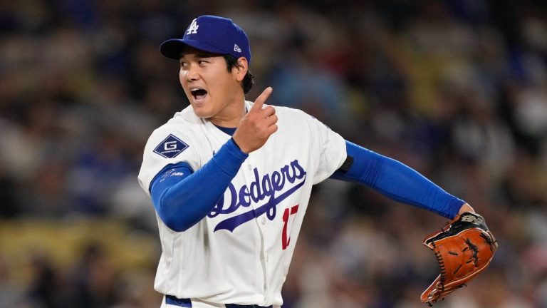 Los Angeles Dodgers starting pitcher Shohei Ohtani reacts after striking out Miami Marlins' Agustin Ramirez during the fifth inning of a baseball game Tuesday, April 28, 2026, in Los Angeles. (Mark J. Terrill/AP)