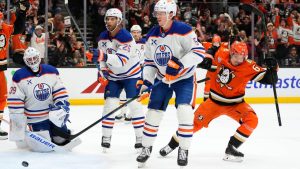 Anaheim Ducks center Mikael Granlund, right, celebrates his goal as Edmonton Oilers goaltender Connor Ingram, left, reacts during the first period of Game 3 in the first round of the NHL hockey Stanley Cup playoffs Friday, April 24, 2026, in Anaheim, Calif. (Mark J. Terrill/AP)