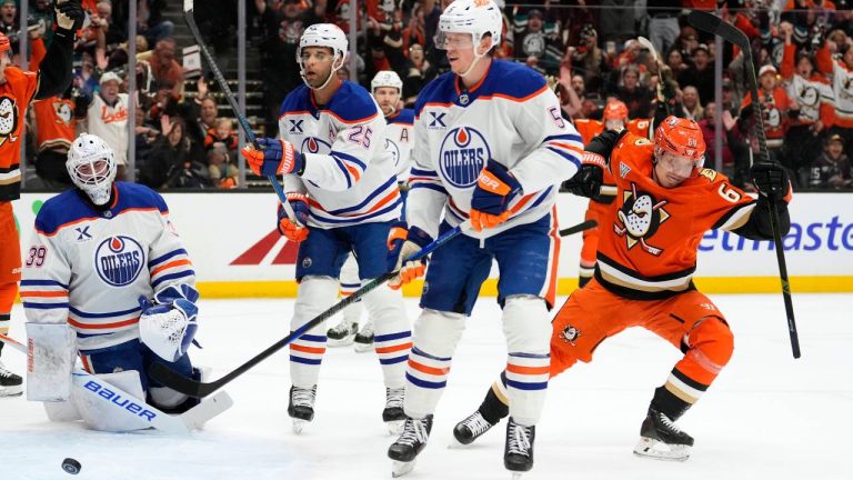 Anaheim Ducks center Mikael Granlund, right, celebrates his goal as Edmonton Oilers goaltender Connor Ingram, left, reacts during the first period of Game 3 in the first round of the NHL hockey Stanley Cup playoffs Friday, April 24, 2026, in Anaheim, Calif. (Mark J. Terrill/AP)