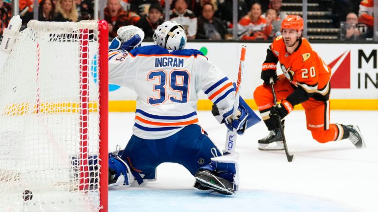 Anaheim Ducks left wing Chris Kreider, right, scores on Edmonton Oilers goaltender Connor Ingram, right, during the first period of Game 6 in the first round of the NHL hockey Stanley Cup playoffs series, Thursday, April 30, 2026, in Anaheim, Calif. (Mark J. Terrill/AP)