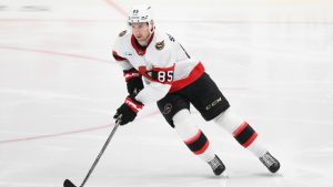 Ottawa Senators defenseman Jake Sanderson (85) in action during the third period of an NHL hockey game against the Washington Capitals, Saturday, Oct. 25, 2025, in Washington. (Nick Wass/AP)