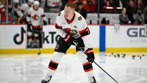 Ottawa Senators left wing Brady Tkachuk warms up before an NHL hockey game against the Washington Capitals, Wednesday, March 18, 2026, in Washington. (John McDonnell/AP)