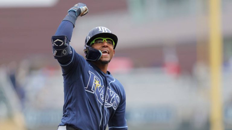 Tampa Bay Rays' Richie Palacios celebrates after hitting a two-run home run during the 10th inning of a baseball game against the Minnesota Twins, Sunday, April 5, 2026, in Minneapolis. (Bailey Hillesheim/AP)