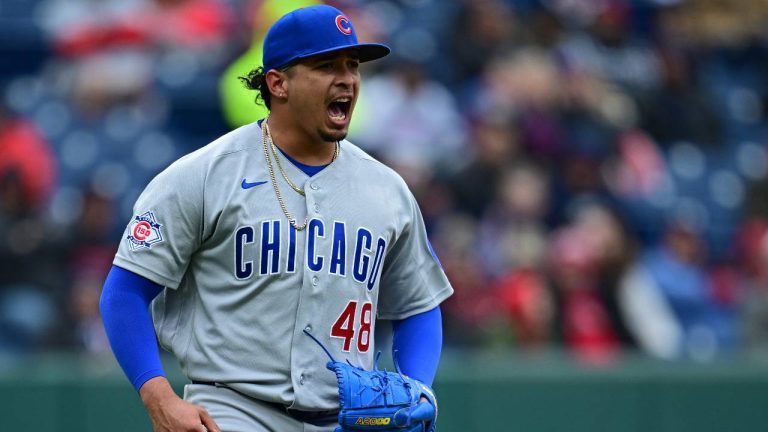 Chicago Cubs relief pitcher Daniel Palencia celebrates after the Cubs defeated the Cleveland Guardians in a baseball game, Sunday, April 5, 2026, in Cleveland. (David Dermer/AP)