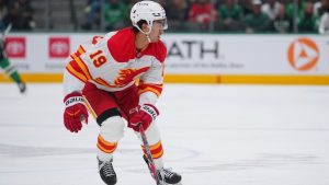 Calgary Flames defenceman Zayne Parekh skates against the Dallas Stars during the first period of an NHL hockey game Tuesday, April 7, 2026, in Dallas. (Julio Cortez/AP)