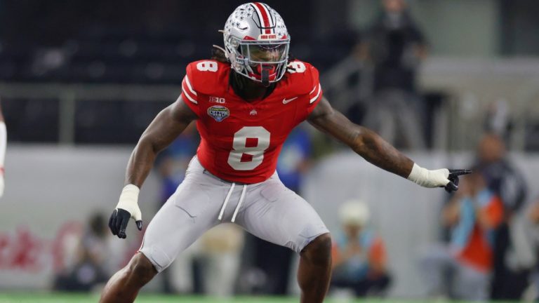 Ohio State linebacker Arvell Reese drops back to defend against Miami during the first half of the Cotton Bowl College Football Playoff quarterfinal game Wednesday, Dec. 31, 2025, in Arlington, Texas. (AP/Gareth Patterson)