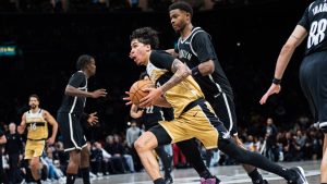Washington Wizards guard Will Riley (27) drives toward the basket during the second half of an NBA basketball game against the Brooklyn Nets, Sunday, April 5, 2026, in New York. (Angelina Katsanis/AP)