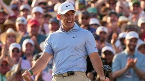 Rory McIlroy, of Northern Ireland, celebrates after winning the Masters golf tournament at the Augusta National Golf Club, Sunday, April 12, 2026, in Augusta, Ga. (Ashley Landis/AP)