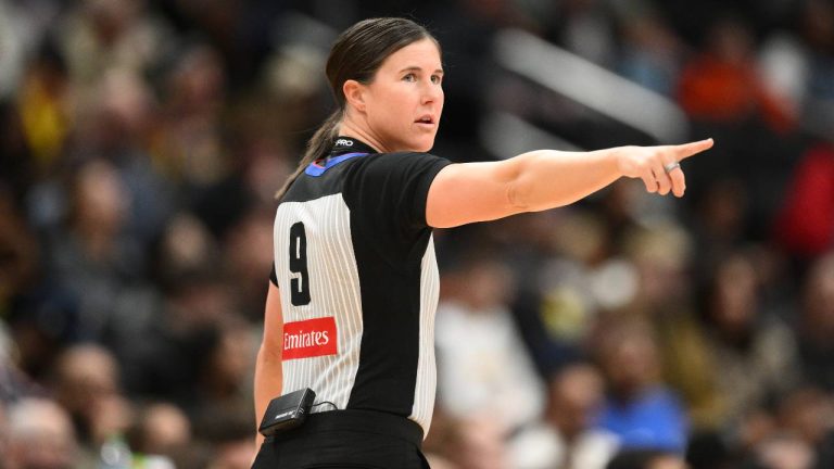 NBA referee Natalie Sago (9) in action during the first half of an NBA basketball game between the Washington Wizards and the Indiana Pacers, Friday, Feb. 20, 2026, in Washington. (Nick Wass/AP)