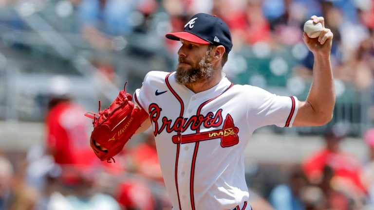 Atlanta Braves starting pitcher Chris Sale (51) delivers to a Philadelphia Phillies batter during the first inning of a baseball game, Sunday, April 26, 2026, in Atlanta. (Erik S. Lesser/AP)