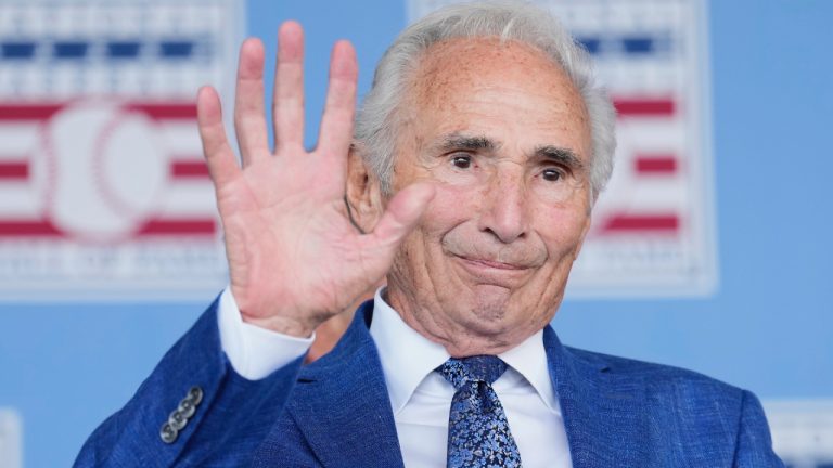 Hall of Famer Sandy Koufax arrives on stage for the National Baseball Hall of Fame induction ceremony in Cooperstown, N.Y., Sunday, July 27, 2025. (Seth Wenig/AP)