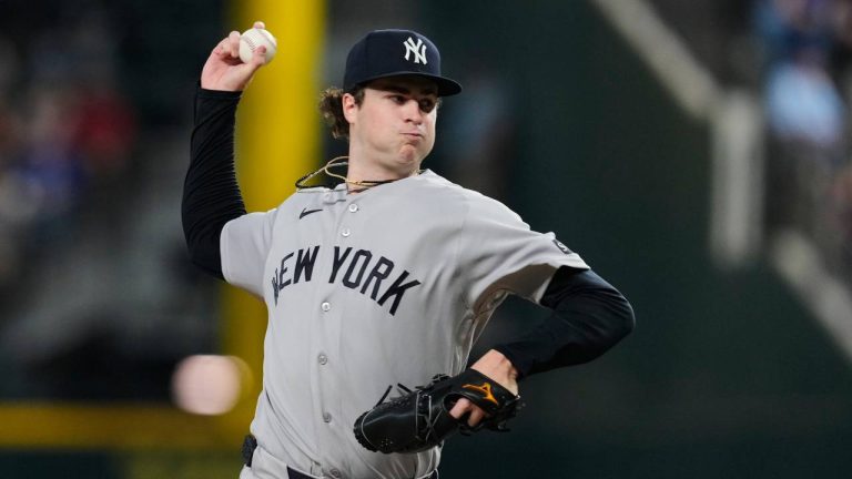 New York Yankees pitcher Cam Schlittler throws to the Texas Rangers in the first inning of a baseball game Tuesday, April 28, 2026, in Arlington, Texas. (Tony Gutierrez/AP)