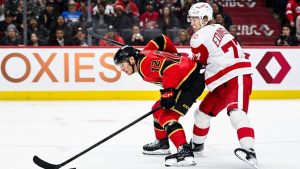 Ottawa Senators' Shane Pinto (12) fights off Detroit Red Wings' Simon Edvinsson (77) on a breakaway attempt during second period NHL hockey action in Ottawa, on Thursday, Feb. 26, 2026. (Spencer Colby/CP)