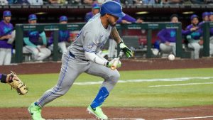 Toronto Blue Jays' Lenyn Sosa lays down a bunt against the Arizona Diamondbacks during the fourth inning of a baseball game Friday, April 17, 2026, in Phoenix. (Darryl Webb/AP)