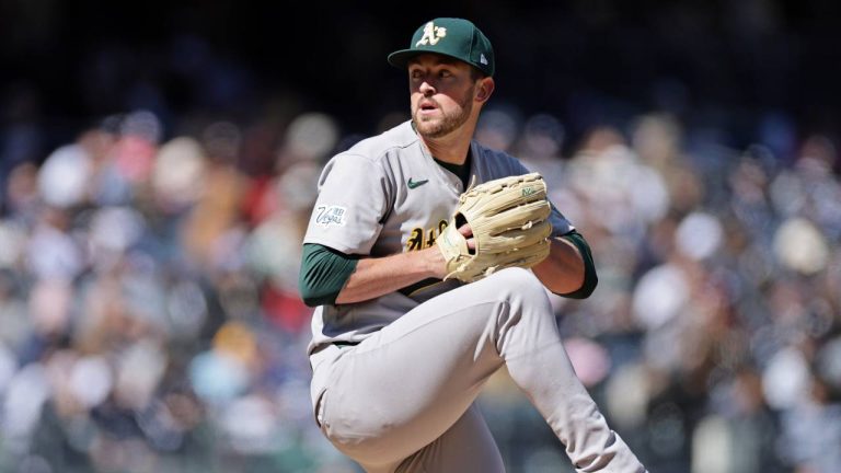 Athletics pitcher Jeffrey Springs throws during the fifth inning of a baseball game against the New York Yankees, Thursday, April 9, 2026, in New York. (Adam Hunger/AP)