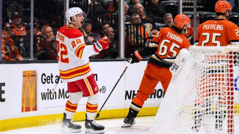 Calgary Flames centre Ryan Strome (22) reacts after scoring during the second period of an NHL hockey game against the Anaheim Ducks, Saturday, April 4, 2026, in Anaheim, Calif. (William Liang/CP)