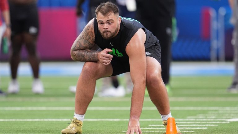 Boston College offensive lineman Logan Taylor runs a drill at the NFL football scouting combine in Indianapolis, Sunday, March 1, 2026. (AP/Michael Conroy)