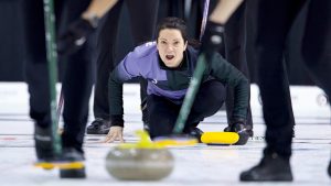 Team Alpine skip Kerri Einarson urges her teammates to sweep in this handout photo, during a Rock League curling game against Team Shield at Toronto's Mattamy Athletic Centre, on Monday, April 6, 2026. (Anil Mungal/The Curling Group via CP)