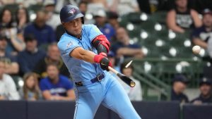 Toronto Blue Jays' Kazuma Okamoto breaks his bat as he lines out during the second inning of a baseball game against the Milwaukee Brewers, Tuesday, April 14, 2026, in Milwaukee. (Aaron Gash/AP)