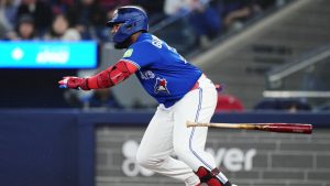 Toronto Blue Jays' Vladimir Guerrero Jr. (27) grounds out against the Los Angeles Dodgers during fourth inning MLB baseball action in Toronto on Tuesday, April 7, 2026. (Nathan Denette/CP)