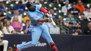 Toronto Blue Jays' Vladimir Guerrero Jr. hits an RBI double during the 10th inning of a baseball game against the Milwaukee Brewers, Tuesday, April 14, 2026, in Milwaukee. (Aaron Gash/AP)