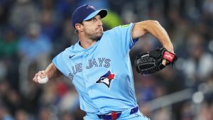 Toronto Blue Jays pitcher Max Scherzer (31) works against the Colorado Rockies during first inning MLB baseball action in Toronto on Tuesday, March 31, 2026. (Nathan Denette/CP)