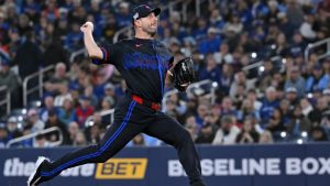 Toronto Blue Jays pitcher Max Scherzer (31) throws to a Cleveland Guardians batter in first inning MLB baseball game action in Toronto on Friday, April 24, 2026. (Jon Blacker/CP)