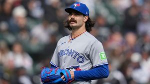 Toronto Blue Jays starting pitcher Dylan Cease (84) leaves the mound after a pitching change in the fifth inning of a home-opener baseball game against the Chicago White Sox, Friday, April 3, 2026, in Chicago. (Erin Hooley/AP)