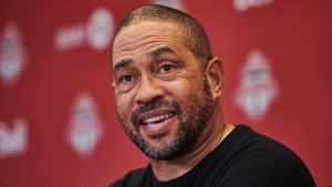 Toronto FC head coach Robin Fraser speaks to media at a year-end press conference in Toronto, on Tuesday, Oct. 21, 2025. (Sammy Kogan/CP)