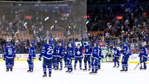 Toronto Maple Leafs salute the crowd at the end of their NHL hockey game against the Dallas Stars, their last home game of the season, in Toronto, Monday, April 13, 2026. (Cole Burston/CP)