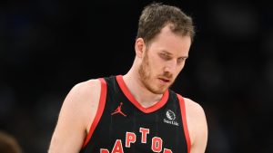 Toronto Raptors center Jakob Poeltl (19) in action during the second half of an NBA basketball game against the Washington Wizards, Saturday, Feb. 28, 2026, in Washington. (Nick Wass/AP)