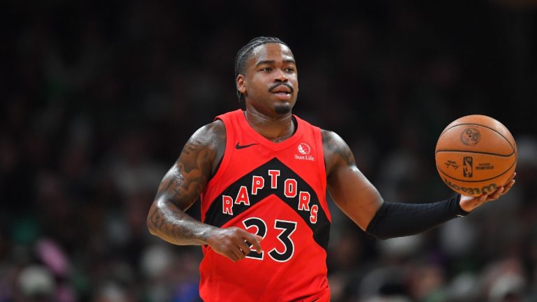 Toronto Raptors guard Jamal Shead (23) drives with the ball in the first half of an NBA basketball game against the Boston Celtics, Sunday, April 5, 2026, in Boston. (Steven Senne/AP)