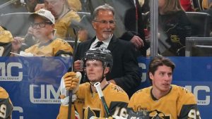 Vegas Golden Knights head coach John Tortorella looks on during the first period of an NHL hockey game against the Vancouver Canucks, Monday, March 30, 2026, in Las Vegas. (Candice Ward/AP)