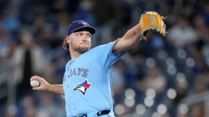 Toronto Blue Jays pitcher Trey Yesavage (39) works against the Boston Red Sox during first inning MLB baseball action in Toronto on Tuesday, April 28, 2026. (Nathan Denette/CP)