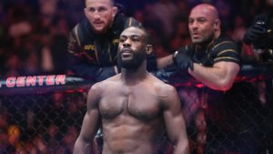 Aljamain Sterling before a UFC fight in Newark, N.J., seen with teammate and fellow former UFC bantamweight champion Merab Dvalishvili above his right shoulder. (Frank Franklin II/AP)