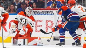 Anaheim Ducks' goaltender Lukas Dostal (1) makes a save against Edmonton Oilers' Zach Hyman (18) during third period NHL playoff action in Edmonton on Monday, April 20, 2026. THE CANADIAN PRESS/Codie McLachlan