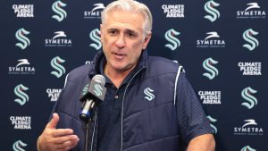 Seattle Kraken general manager Ron Francis speaks during an NHL hockey press conference Wednesday, July 3, 2024, in Seattle. (AP Photo/Jason Redmond)