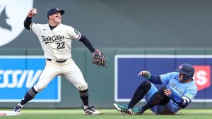 Brooks Lee of the Minnesota Twins forces out George Springer of the Toronto Blue Jays at second base on a fielder's choice in the first inning at Target Field on April 30, 2026 in Minneapolis, Minnesota. (Steven Garcia/Getty Images)