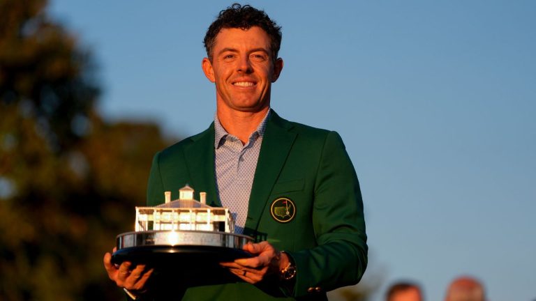 Rory McIlroy, of Northern Ireland, holds the trophy after winning the Masters golf tournament at the Augusta National Golf Club, Sunday, April 12, 2026, in Augusta, Ga. (AP Photo/Ashley Landis)