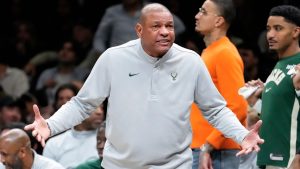 Milwaukee Bucks head coach Doc Rivers shouts at a referee during the second half of an NBA basketball game against Brooklyn Nets, Tuesday, April 7, 2026, in New York. (AP Photo/Yuki Iwamura)