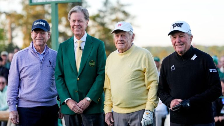 Jack Nicklaus, chairman Fred Ridley, Tom Watson, Gary Player pose before the ceremonial tee shot on the first hole during the first round of the Masters at the Augusta National Golf Club, Thursday, April 9, 2026, in Augusta, Ga. (AP Photo/Eric Gay)