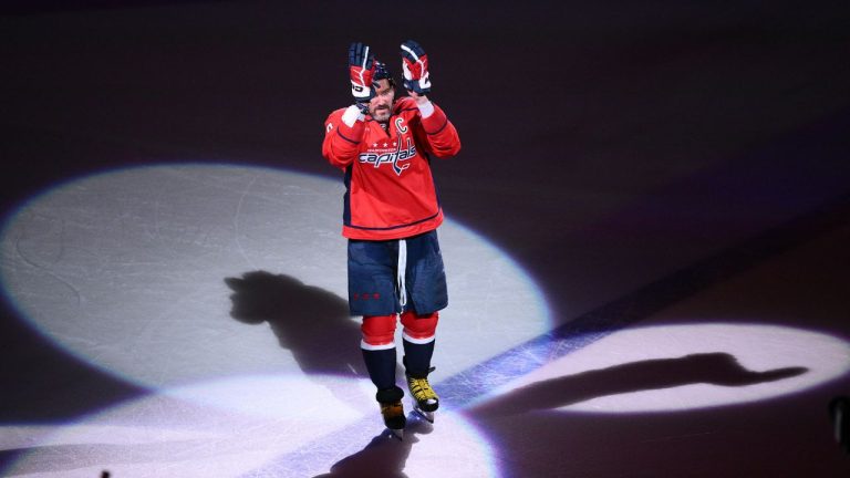 Washington Capitals left wing Alex Ovechkin reacts after he was named the No. 1 star after an NHL hockey game against the Pittsburgh Penguins, Sunday, April 12, 2026, in Washington. (AP Photo/Nick Wass)