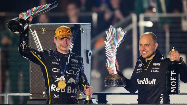 First-place finisher Red Bull driver Max Verstappen of the Netherlands and his chief racing engineer GianPiero Lambiase celebrate after the Formula One Las Vegas Grand Prix, Nov. 22, 2025, in Las Vegas. (AP Photo/Nick Didlick, File)