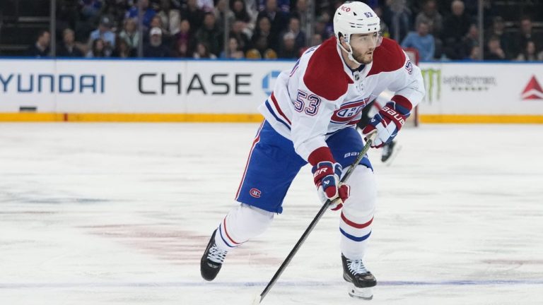 Montreal Canadiens' Noah Dobson (53) during the first period of an NHL hockey game against the New York Rangers Thursday, April 2, 2026, in New York. (AP Photo/Frank Franklin II)