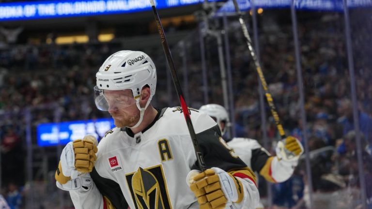 Vegas Golden Knights centre Jack Eichel reacts after scoring the winning goal in overtime of an NHL hockey game against the Colorado Avalanche, Saturday, April 11, 2026, in Denver. (AP Photo/David Zalubowski)