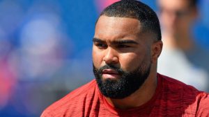Buffalo Bills defensive tackle Gable Steveson warms up before a pre-season NFL football game against the Carolina Panthers in Orchard Park, N.Y., Saturday, Aug. 24, 2024. (AP Photo/Adrian Kraus)